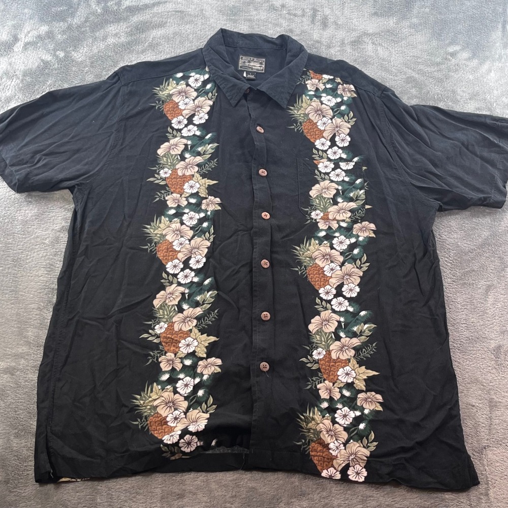 Steve & Barrys Mens Large Black Rayon Floral Pineapple Hawaiian Camp Shirt